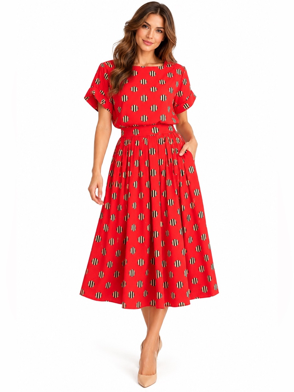 Vintage 1980s Halston III Red Polka Dot Blouse Midi Skirt Set Size 6